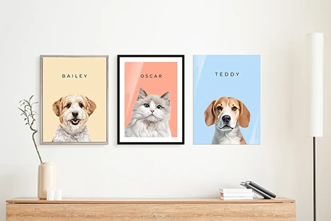 des portraits d'animaux de compagnie réalisés sur mesure à accrocher au mur